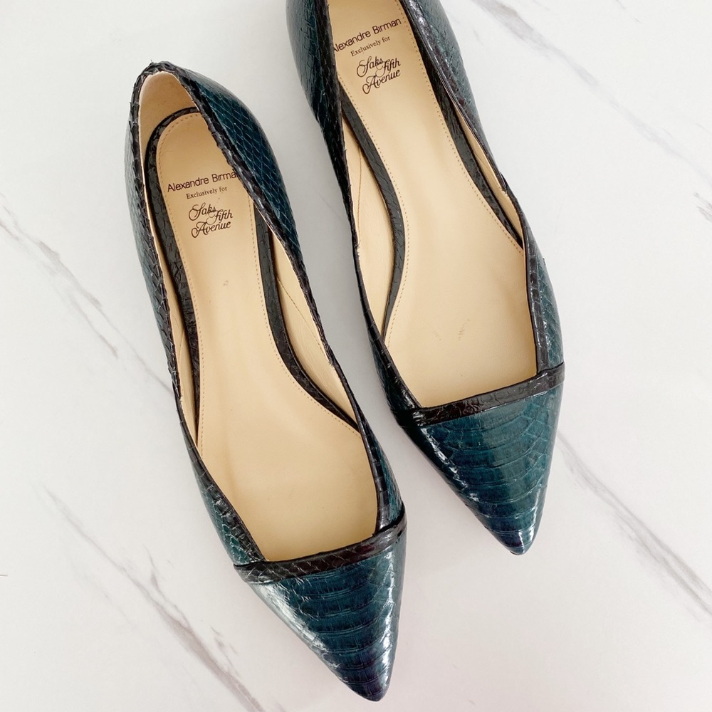Alexander Birman Green Snakeskin Pointed Toe Flats